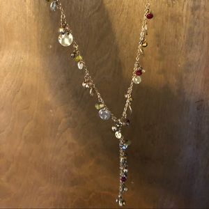 Gold Lariat necklace with green and burgundy stones